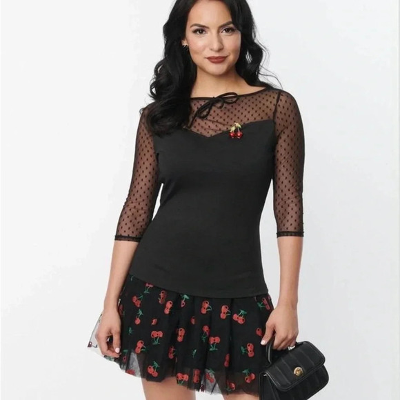 Unique Vintage Tops - NWOT Unique Vintage Black Mesh Cherry Top